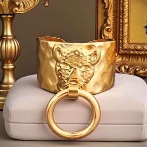 18k Gold Plated Leopard Panther Hammered Doorknocker Wide Band Ring